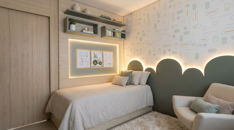 Quarto infantil planejado em MDF Bilbao naturale e Alecrim Matt, com nichos e painel com LED difuso