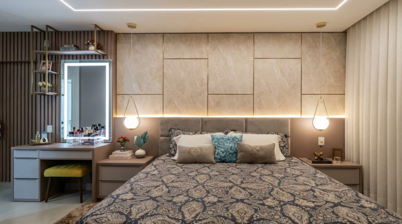 Cabeceira planejada em MDF Fontana magma e Rosato, com painel de frisos dourados e retroiluminação difusa.