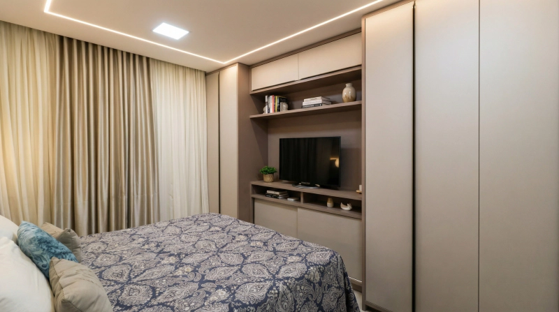 Roupeiro planejado em MDF rosato e celine com portas versatile slowmotion, nicho para TV e luz indireta no quarto.