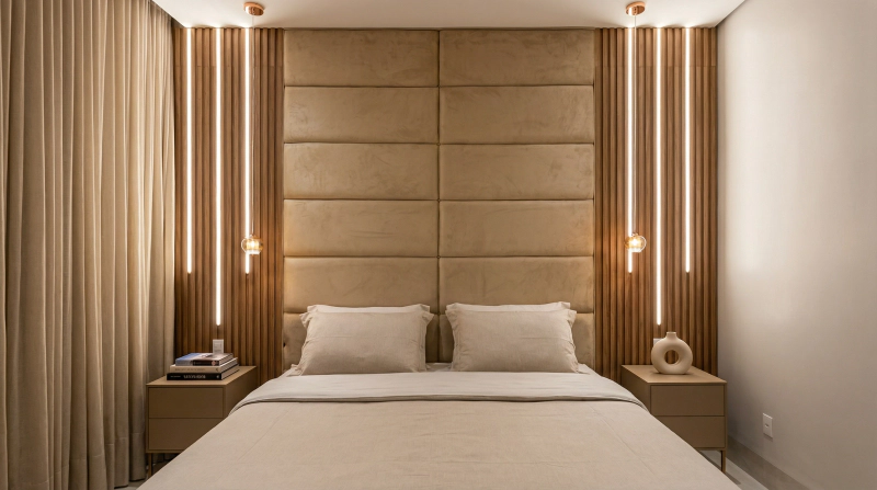 Quarto de casal piso-teto com cabeceira estofada até o teto, moldura em MDF freijó e arauco cacau e LED embutido.