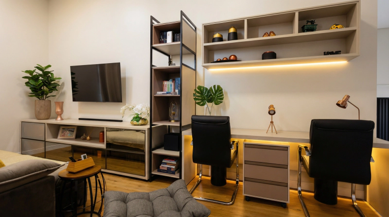 Estudo de lazer com bancada dupla, nichos em MDF, vidro Reflecta Bronze e LED quente difuso, com metais pretos.