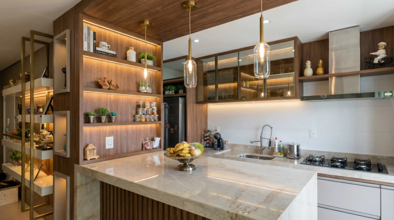 Cozinha planejada em Nogueira Pecan, com portas Florença Connect Chess e vidro Reflecta Bronze, pendentes e bancada clara.