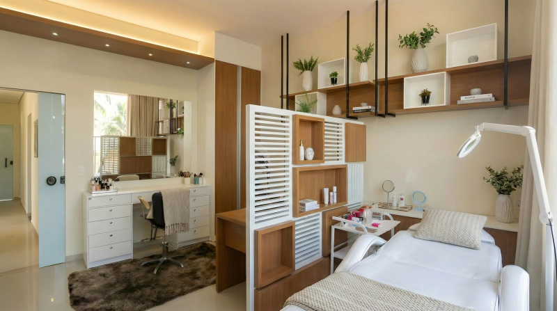 Ambiente de SPA com MDF Louro Freijó, nichos brancos e serralheria em branco e preto fosco, com iluminação suave.