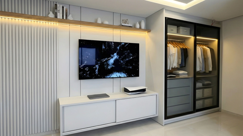 Home theater com painel e rack em MDF Aurora, roupeiro com vidro Dark Translucid e iluminação difusa