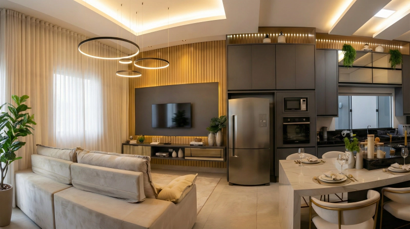 Cozinha integrada com sala de TV, armários Cinza Cobalt e Atena, bancada Branco Ártico e detalhes em Espelho Bronze.