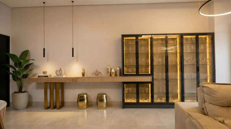 Aparador em MDF Carvalho com cristaleira de vidro Reflecta Bronze, portas Florença pretas e retroiluminação.