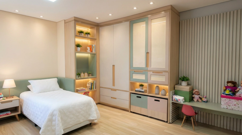 Quarto infantil planejado com armário em Verde Jade e Sal Rosa, madeira Carvalho Poró, painéis ripados e cama com cabeceira estofada.