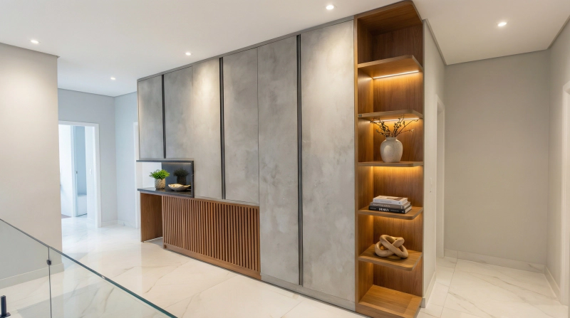 Aparador de passagem com ripado em Louro Freijó, painéis Santorini e nichos laterais com iluminação suave.