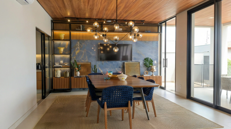 Varanda gourmet com painel em Louro Freijó ripado, pedra Mar Dourado e estrutura metálica preto fosco.